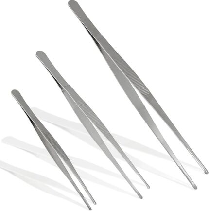 3PCS Long Stainless Steel Tweezers Set (8'' 10'' 12'') – Non-Slip Precision Tips for Cooking, Repair, Medical & Gardening