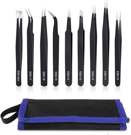 9PCS Precision Anti-Static Tweezers Set – Stainless Steel for Electronics, Soldering, Crafts & More