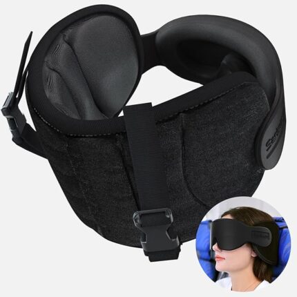 Airplane Travel Pillow with Head Strap & Eye Mask – 360° Neck Support for Flights & Road Trips (Black)