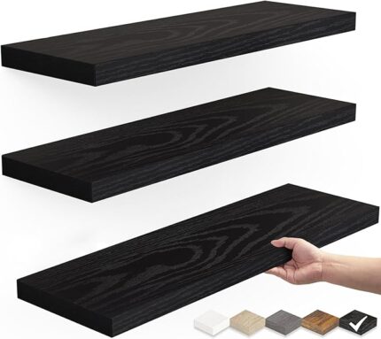 BAYKA Rustic Floating Wall Shelves – Set of 3, 15.7'' Wood Shelves for Storage & Decor (Black)