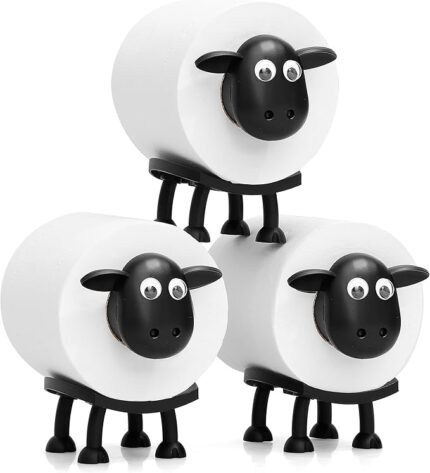 VELENTI Sheep Toilet Roll Holder – Funny 3D Printed Bathroom Set (Black, Set of 3)