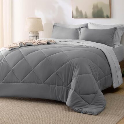 Bedsure 7-Piece Queen Comforter Set – Reversible Grey Bedding with Sheets & Pillowcases