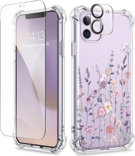 GVIEWIN iPhone 11 Clear Flower Case with Screen & Camera Protection
